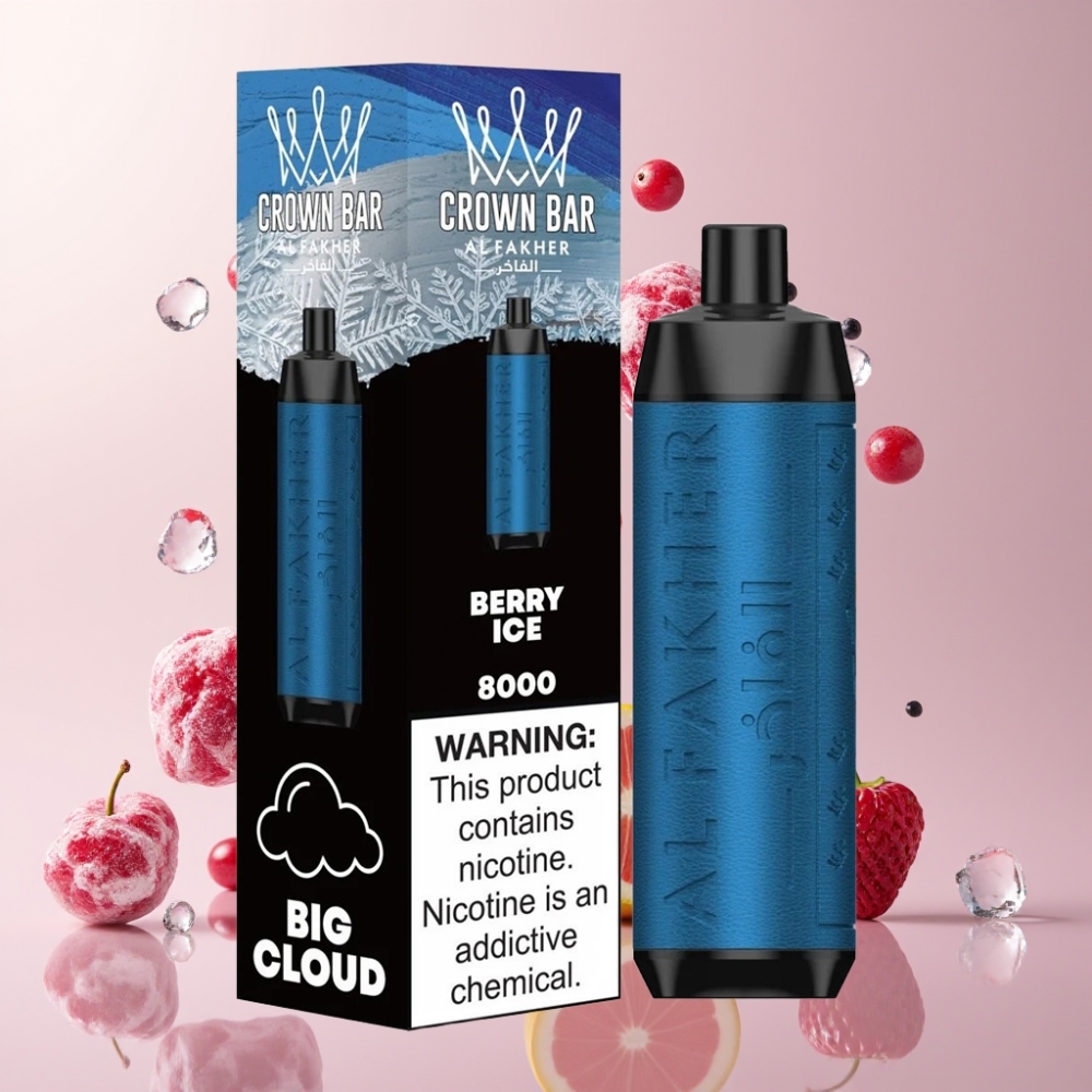 Finland tukku Al Fakher Crown Bar 8000 Crystal Kertakäyttöinen Vape - 18ml nestemäistä nikotiinia, 8000 savutusta, USB Type-C -lataus Marjajäätelö