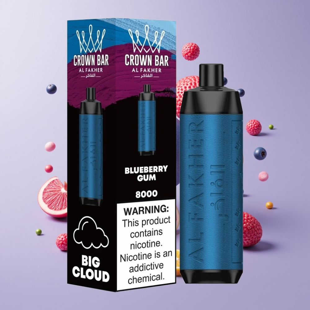 Finland tukku Al Fakher Crown Bar 8000 Crystal Kertakäyttöinen Vape - 18ml nestemäistä nikotiinia, 8000 savutusta, USB Type-C -lataus Mustikkapurukumi