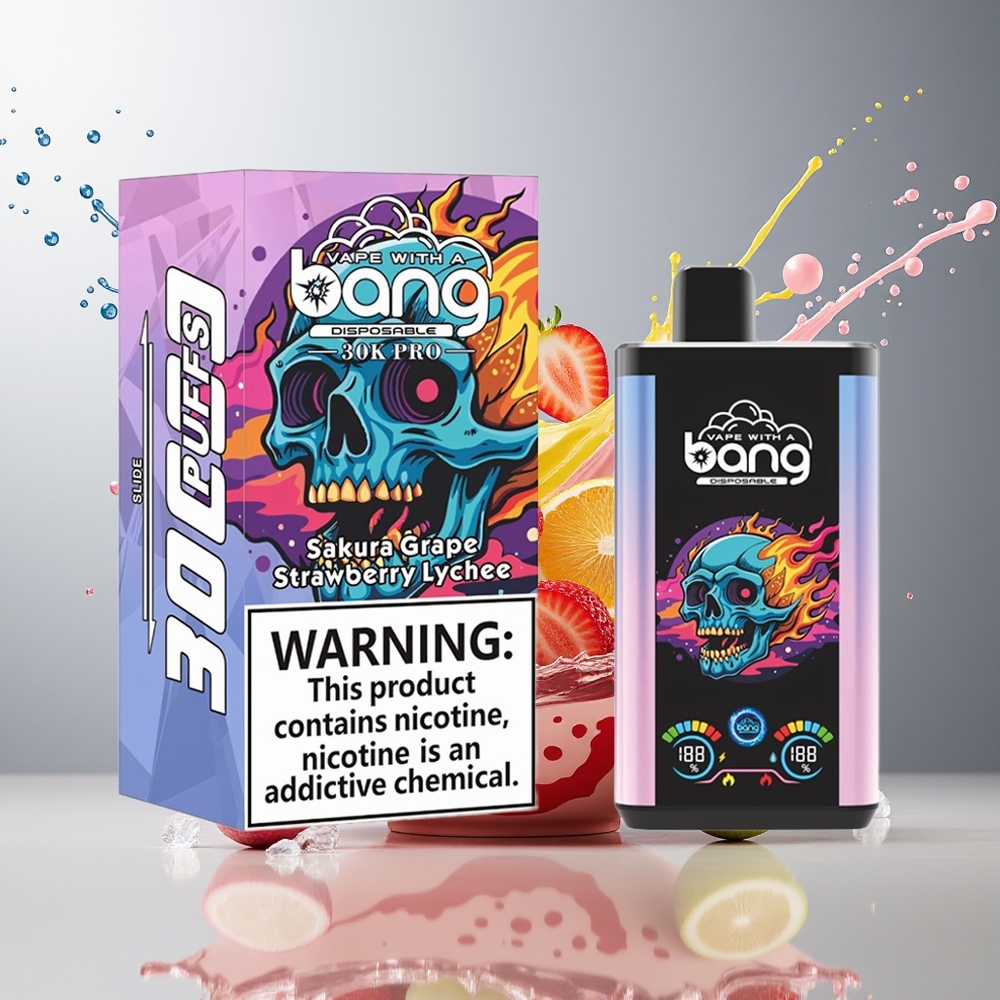 Finland tukku Bang 30K Pro 30000 Puffs 36ml nestemäärä 550mAh akku Sakura-viinirypäle ja mansikka-litsi
