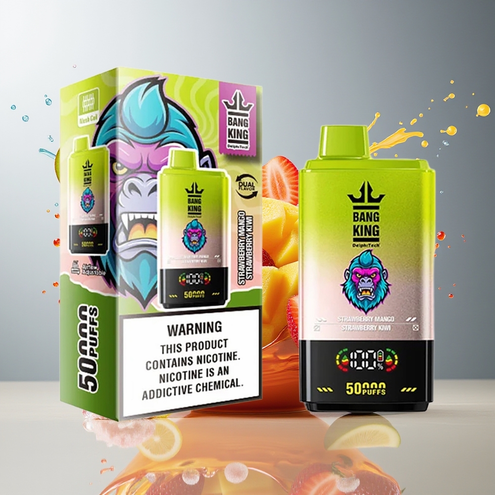Finland tukku Bang King 50000 Kertakäyttöinen Vape - 50000 savutusta, 50ml nestemäärä Mansikka-mango-mansikka-kiivi