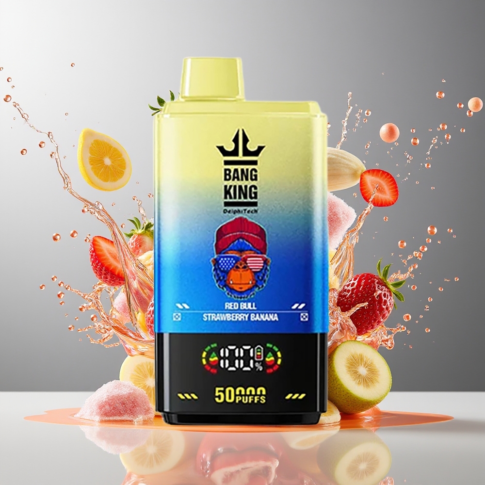 Finland tukku Bang King 50000 Kertakäyttöinen Vape - 50000 savutusta, 50ml nestemäärä Red Bull Mansikka-banaani