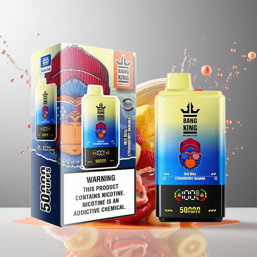 Finland tukku Bang King 50000 Kertakäyttöinen Vape - 50000 savutusta, 50ml nestemäärä Red Bull Mansikka-banaani