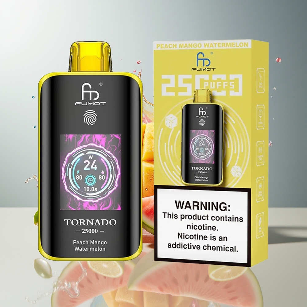 Finland tukku Fumot Tornado 25000 Puffs HD-näyttö 20ml esitäytetty neste Persikka-mango-vesimeloni