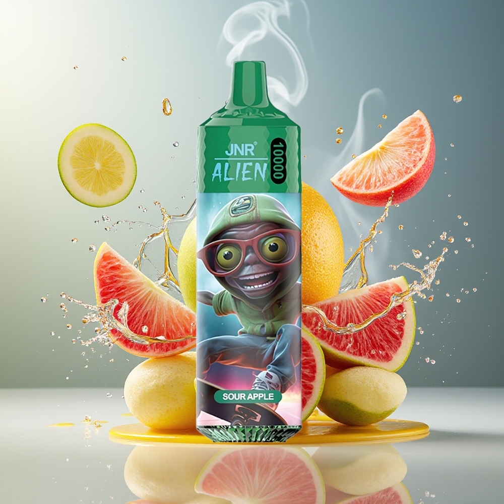 Finland tukku JNR Alien 10000 Puffs - 850mAh Akku, 20ml Nestemäistä, RGB-valot Hapan Omena