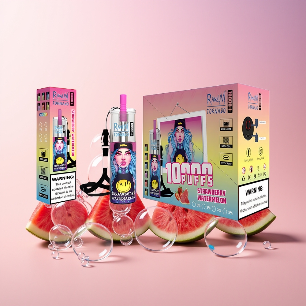 Finland tukku Fumot Original RandM Tornado 10000 Plus Disposable Vape – 10000 Puffia, 20 ml Säiliö, RGB-Valot Mansikka-vesimeloni
