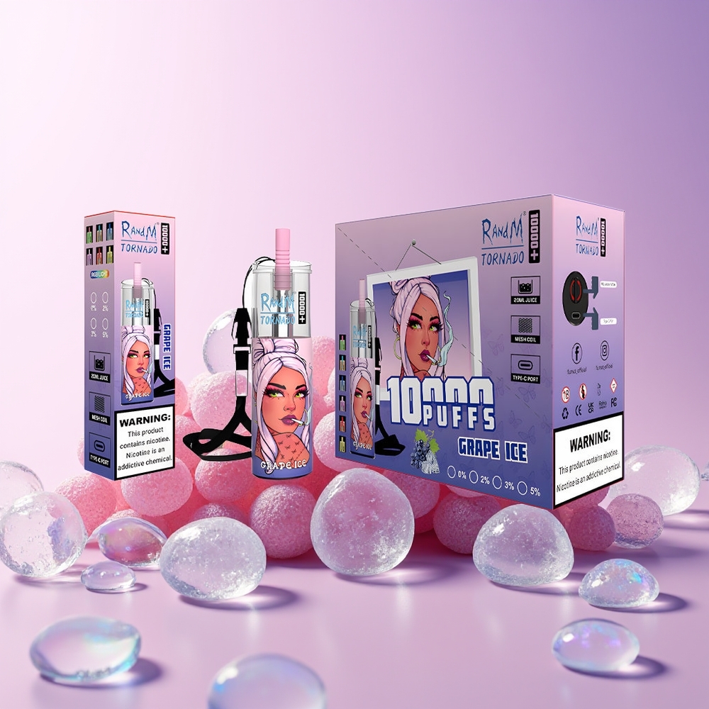 Finland tukku Fumot Original RandM Tornado 10000 Plus Disposable Vape – 10000 Puffia, 20 ml Säiliö, RGB-valot Viinirypälejäätelö