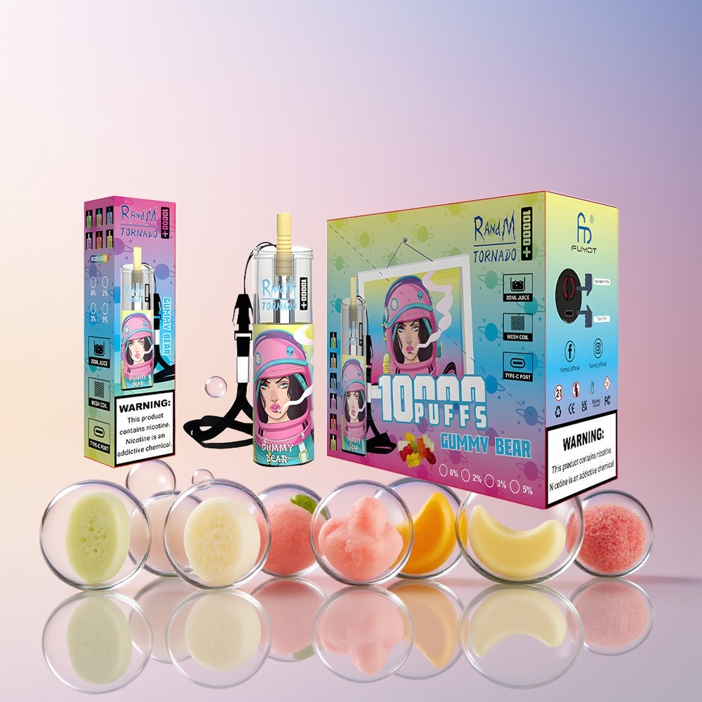Finland tukku Fumot Original RandM Tornado 10000 Plus Disposable Vape - 10000 Puffia, 20 ml säiliö, RGB-valot Gummy Bear