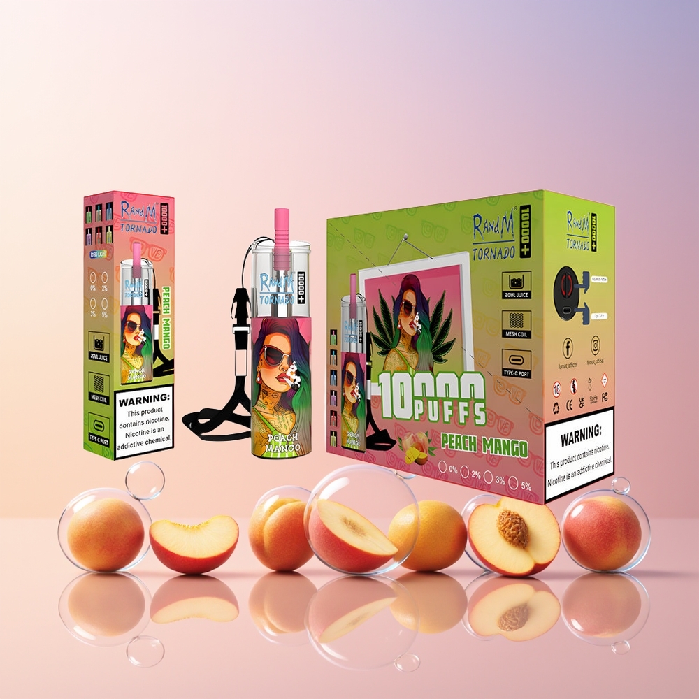 Finland tukku Fumot Original RandM Tornado 10000 Plus Disposable Vape - 10000 Puffia, 20 ml säiliö, RGB-valot Persikka-mango