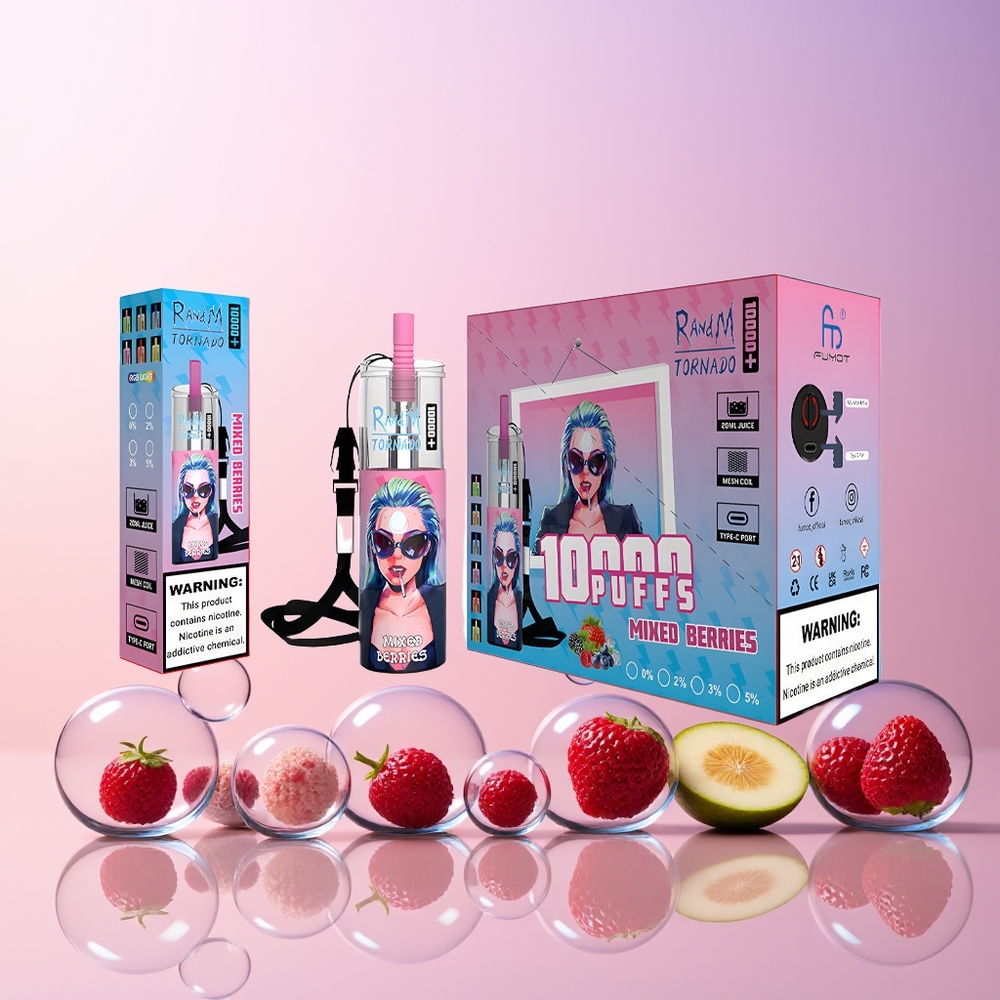 Finland tukku Fumot Original RandM Tornado 10000 Plus Disposable Vape – 10000 Puffia, 20 ml säiliö, RGB-valot Sekalaiset marjat